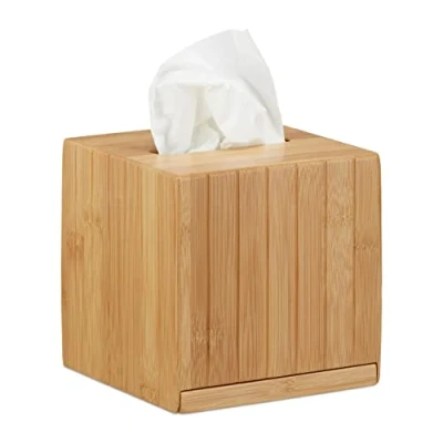 Image of Relaxdays Square Facial Tissue Box, Wooden Bamboo Cosmetic Dispenser, Cover, HWD: 14 x cm, Natural
