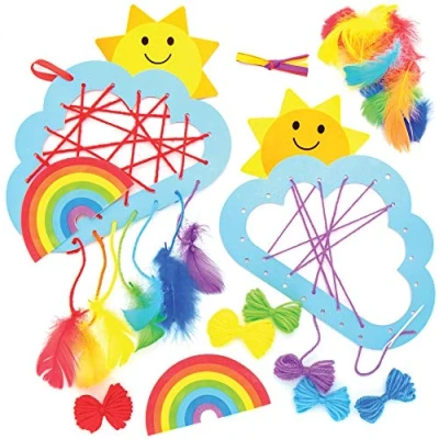 Image of Baker Ross AT774 Rainbow Dreamcatcher Kits Pack of 4, Create Your Own for Kids Arts and Crafts, Wall Decorations Girls an Introduction to Sewing,Blue,Green,Purple