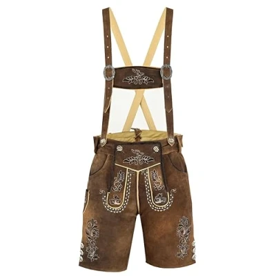 Image of RIDEX Men&#039;s Bavarian Oktoberfest Antique Leather Lederhosen Short Trouser with Matching Suspenders (UK, Waist, 42, Regular, Regular) Brown