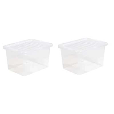 Image of 2 x 25L Plastic Storage Boxes Crystal Clear Box &amp; Lid Suitable for all around the Home Office and Workplace Stackable Nestable Large Strong 42.50 33.00 25.50 cm