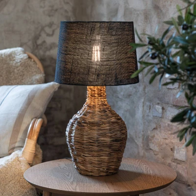 Image of Markslöjd Paglia table lamp, natural/black, rattan/jute, height 58 cm