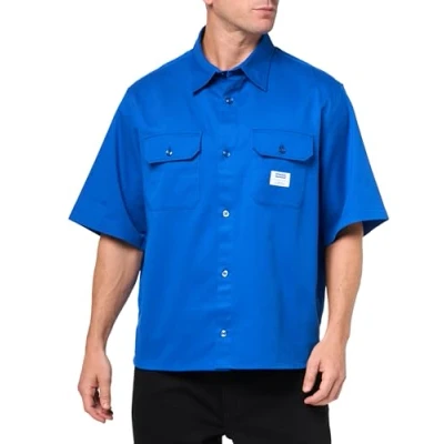 Image of HUGO Men&#039;s Front Pocket Cotton Twill Short Sleeve Button Down Shirt, Blue, Large