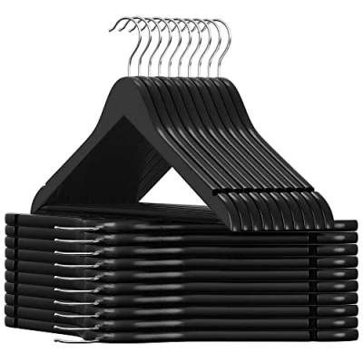 Image of SONGMICS Wooden Clothes Hangers, Set of 20, Solid Wood Notches in the Shoulder Area, Non Slip Trouser Bar, 360 Rotating Hook, for Suits, Shirts, Black/Silver CRW02B 20