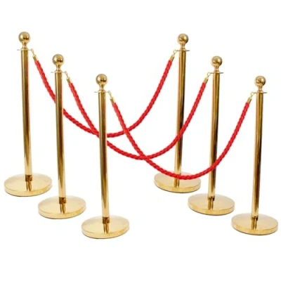 Image of PARTYRAMA.CO.UK 6 Brass Red Carpet Stanchion Rope Barriers Pole Safety With 4 Braided Ropes Gold Hooks