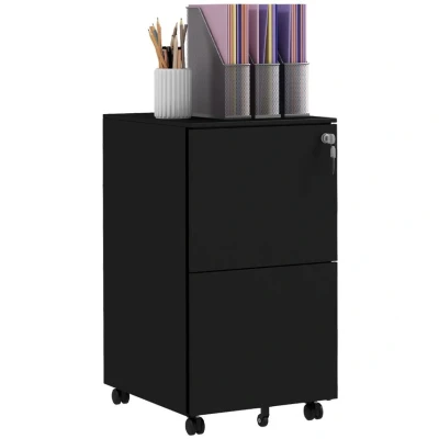Image of Vinsetto 2 Drawer Vertical Filing Cabinet with Lock and 5 Wheels, Steel Mobile File Cabinet, for A4, Legal Letter Size, Pre Assembled Body, Black