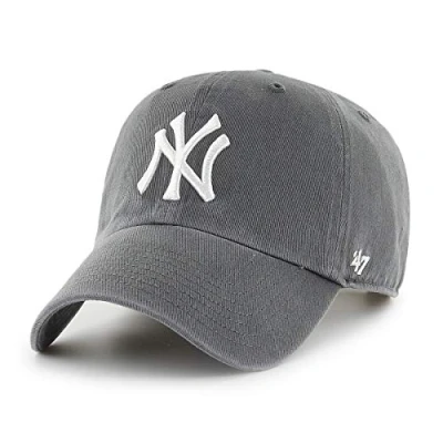 Image of 47 MLB New York Yankees Clean Up Unisex Baseball Cap, Adjustable Strap &amp; Buckle, White Logo, Colour Charcoal Grey