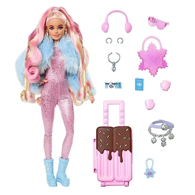 Image of Travel Barbie Doll with Wintery Snow Fashion, Extra Fly, Sparkly Pink Jumpsuit and Faux Fur Coat, HPB16