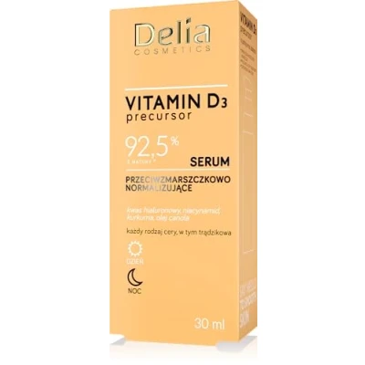 Image of Delia Cosmetics Vitamin D3 Precursor Anti Wrinkle Normalising Serum All Skin Types Acne Hydrating Firming Hyaluronic Acid Niacinamide Tumeric Canola Oil 30ml