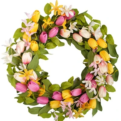 Image of CIR OASES Artificial Tulip Wreath 20 Inch for Front Door, Spring Silk Flower with Leaves Home Wall Wedding Office Party Festival Welcome Decor