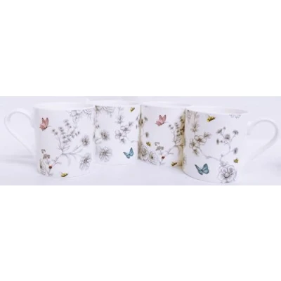 Image of Secret Garden Mugs Set 4 Fine Bone China Balmoral Cups Flowers Butterflies Bees Hand Decorated in UK