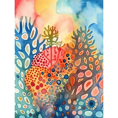 Image of Artery8 Coral Reef Folk Art Watercolour Painting Large Wall Poster Print Thick Paper 18X24 Inch