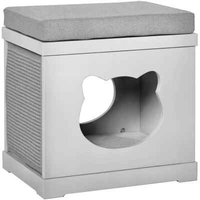Image of PawHut Cat House Bed Kitten Cave Cube Indoor W/Soft Cushion Sisal Scratching Pad, Grey