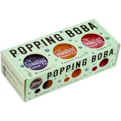 Image of Popping Boba Set for Bubble Tea Kit Gift Contains 3 Flavours of Pearls Making 9 Servings with Paper Straws Passion Fruit, Blueberry and Cherry Bubbles By The TeaShed