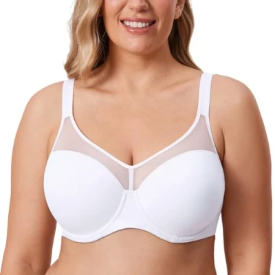Image of Delimira Women&#039;s Full Coverage Lightly Padded Bra Underwire Mesh Support Comfort T Shirt White 36D