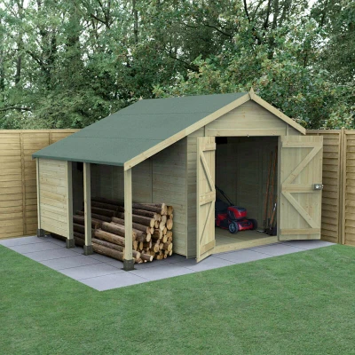 Image of 10&#039; x 8&#039; Forest Timberdale 25yr Guarantee Tongue &amp; Groove Pressure Treated Windowless Double Door Apex Shed with Logstore (3.07m 2.36m)