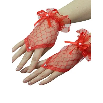 Image of Yummy Bee Delicate Lace Fingerless Gloves Black White Red Short Ruffled Satin Ribbon (Red)
