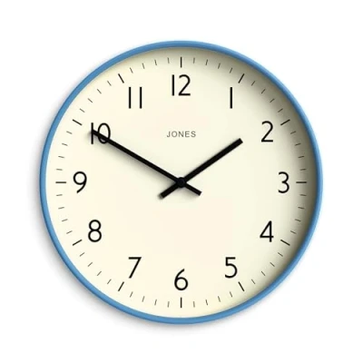 Image of Jones Clocks® Studio Round Wall Clock Modern Easy to Read Dial Contemporary Design 30cm Mid Blue