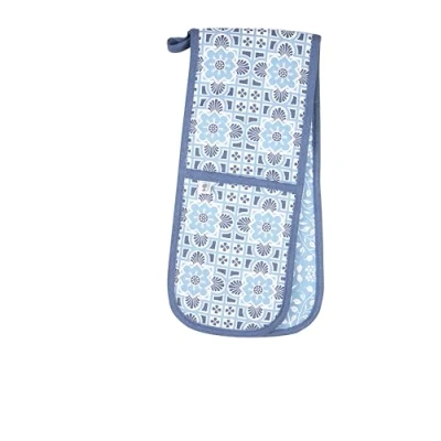 Image of RHS Oven Gloves, Insulated and Heat Resistant, Double Glove Mitts, Organic Cotton, Blue, Gertrude Jeykll