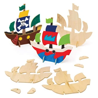 Image of Baker Ross AW621 Wooden Stand up Pirate Ships (Pack of 6)