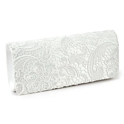 Image of WHITE SATIN LACE FLORAL FLOWER PROM WEDDING EVENING CLUTCH HANDBAG CHAIN GIFT