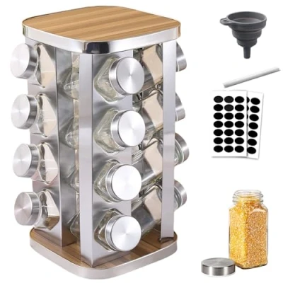 Image of Spice Rack with Jars 16, Organiser 430 Stainless Steel, 360 Rotatable Carousel, Worktop Kitchen Jars, Star Turntable Organiser, Rack, Wood