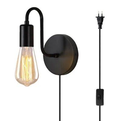 Image of ANKBOY Vintage Wall Light with Switch and Socket Cable E27 Black Metal Industrial Lighting for Living Room Hallway Loft Bar (No Bulbs)
