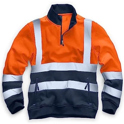 Image of Mens Hi Vis Zip Neck Workwear Sweatshirt Reflective Safety Pullover Jumper Orange/Navy