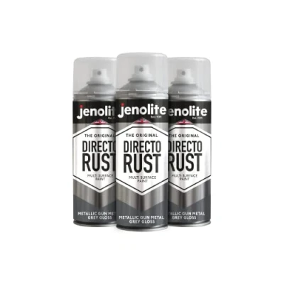 Image of JENOLITE Directorust Metallic Gloss Spray Paint GUN METAL GREY 3x400ml Multi Surface Gold for Metal, Wood, Plastic All In_OnePrimer, Undercoat and Topcoat Interior &amp; Exterior