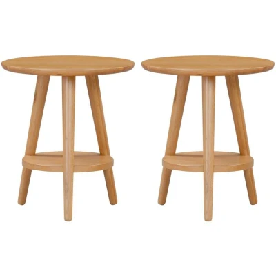 Image of Hallowood Furniture Waverly Oak Round Side Table Set of 2, Wooden Bedside Table, Lamp with Shelf, Small Coffee Occasional Plant Stand, End for Living Room