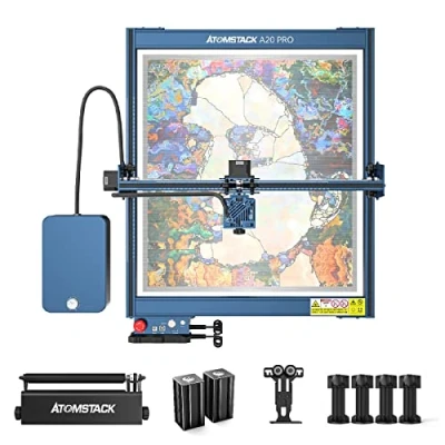 Image of ATOMSTACK A20 Pro Laser Engraving Machine 130W, 20W Optical Power Engraver Cutter with Twin Cylinder F30 Air Assist kit, R3 Rotation Roller, Area 400x400mm
