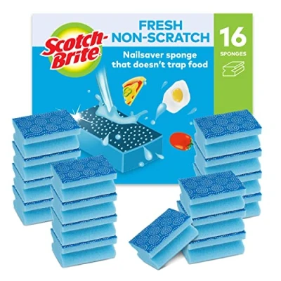 Image of Scotch Brite Fresh Non Scratch Scrub Sponge, 16 Pieces Cleans Dishes without Scratching Surfaces or Trapping Food