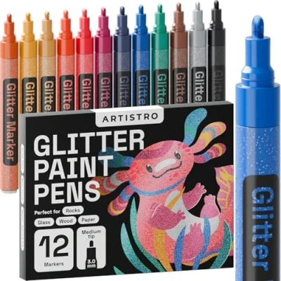 Image of ARTISTRO 12 Glitter Paint Pens Sparkly and Shiny for Rock Painting, Stone, Ceramic, Glass, Wood, Fabric, Scrapbooking, DIY Craft Making, Coloring, Acrylic Markers, Medium Tip 3.0mm