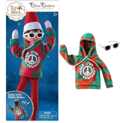 Image of the Elf on Shelf Claus Couture Groovy Greetings Hoodie Clothes Set for your Scout Accessories include Sunglasses and a Peace, Love, Christmas Graphic Jumper Red