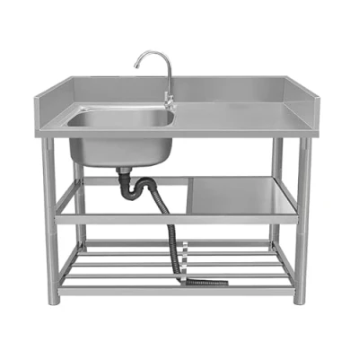 Image of Stainless Steel Kitchen Sink Commercial Single Bowl 304 Sinks with Faucet and Storage Shelves Workbench Drainer Unit for Outdoor Indoor Restaurant (Co