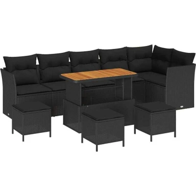 Image of vidaXL 10 Piece Garden Sofa Set with Cushions Black Poly Rattan Acacia