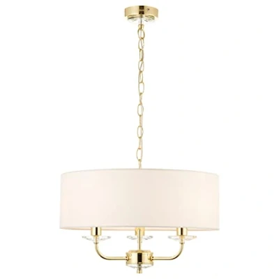 Image of Kennedy Modern Brass Multi Arm 3 Way Pendant Ceiling Light with Crystal Detail and White Fabric Shade