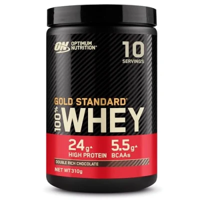Image of Optimum Nutrition Gold Standard 100 Percent Whey Muscle Building and Recovery Protein Powder with Naturally Occurring Glutamine BCAA Amino Acids, Double Rich Chocolate Flavour, 10 Servings, 310 g