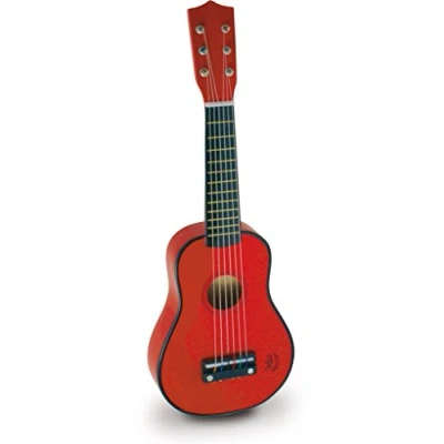 Image of Vilac 8306 Wooden Guitar for Children with 6 Real Nylon, 1 Pick and A Spare Set of Strings Red, 3 Years+, 52 x 18 cm