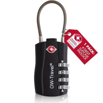 Image of TSA Approved Luggage Locks (Black 1 Pack) OW Travel 4 Digit Heavy Duty Zinc Alloy Security Cable Padlock Combination Padlocks, Code Lock for Suitcase Zipper, Luggage, Bag, Case, Gym Locker