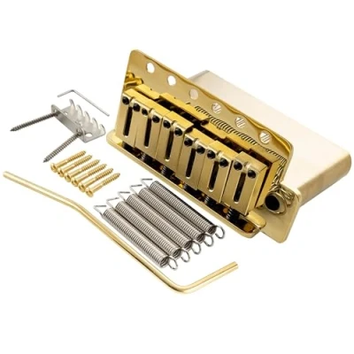 Image of Musiclily Ultra 52.5mm(2 1/16 inch) Standard 6 Screw ST Tremolo Bridge with Modern Brass Saddles 42mm Solid Block Push In Arm for Strat Style Electric Guitar, Gold