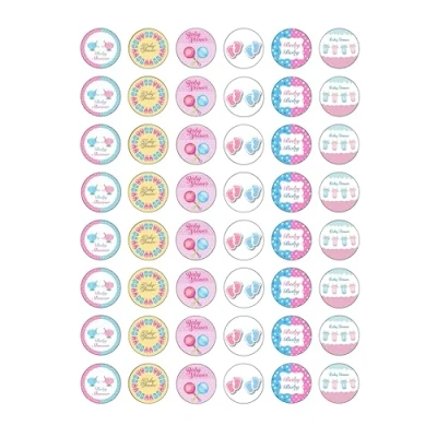 Image of 48 Pink &amp; Blue Baby Shower Edible Wafer Paper Round Cake Toppers Decorations
