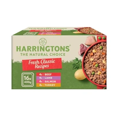 Image of Harringtons Complete Wet Tray Grain Free Hypoallergenic Adult Dog Food Classics Bumper Pack 16x400g Turkey, Lamb, Beef &amp; Salmon Made with All Natural Ingredients, package may vary