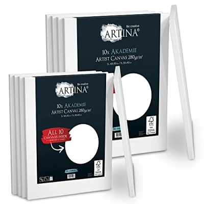 Image of Artina FSC Canvas Set 10pcs Akademie 5X 40x50 &amp; 5x30x40 cm 100% Cotton Stretcher Frame 280 g/m² Blank Canvases for Art Acrylic, Watercolour Oil Painting