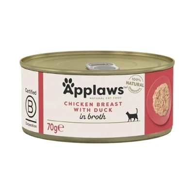 Image of Applaws 100% Natural Wet Cat Food, Chicken with Duck in Broth, 70 g Tin (Pack of 24)