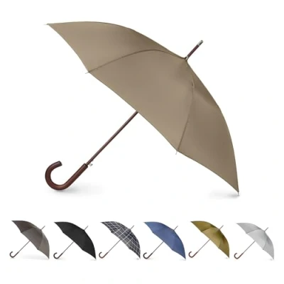 Image of Tote&#039;s Men&#039;s Eco Auto Open Wooden Handle J Stick Umbrella, Beige, One Size,