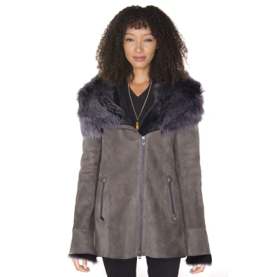 Image of Ladies Luxurious Grey Suede Merino Sheepskin Coat with Toscana Collar M