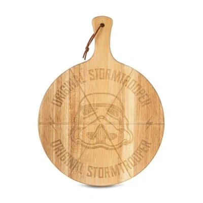 Image of Original Stormtrooper Pizza Cutting Board with Handle and Grooves, 12 Inch, Round, Wood, Gifts for Him/Her ThumbsUp!