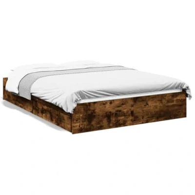 Image of vidaXL Smoked Oak Double Bed Frame with Drawers Engineered Wood Modern Bedroom Furniture, 135x190 cm Plywood Slats, Storage Space