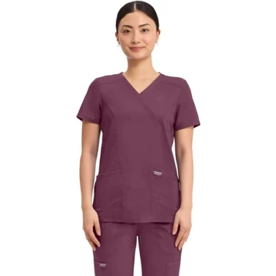 Image of Cherokee Women Woman Scrub Top Revolution Medical Clothing Mock Wrap With Pockets WWE610 Wine 2XL