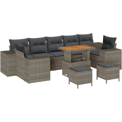 Image of vidaXL 10 Piece Garden Sofa Set with Cushions Grey Poly Rattan Acacia